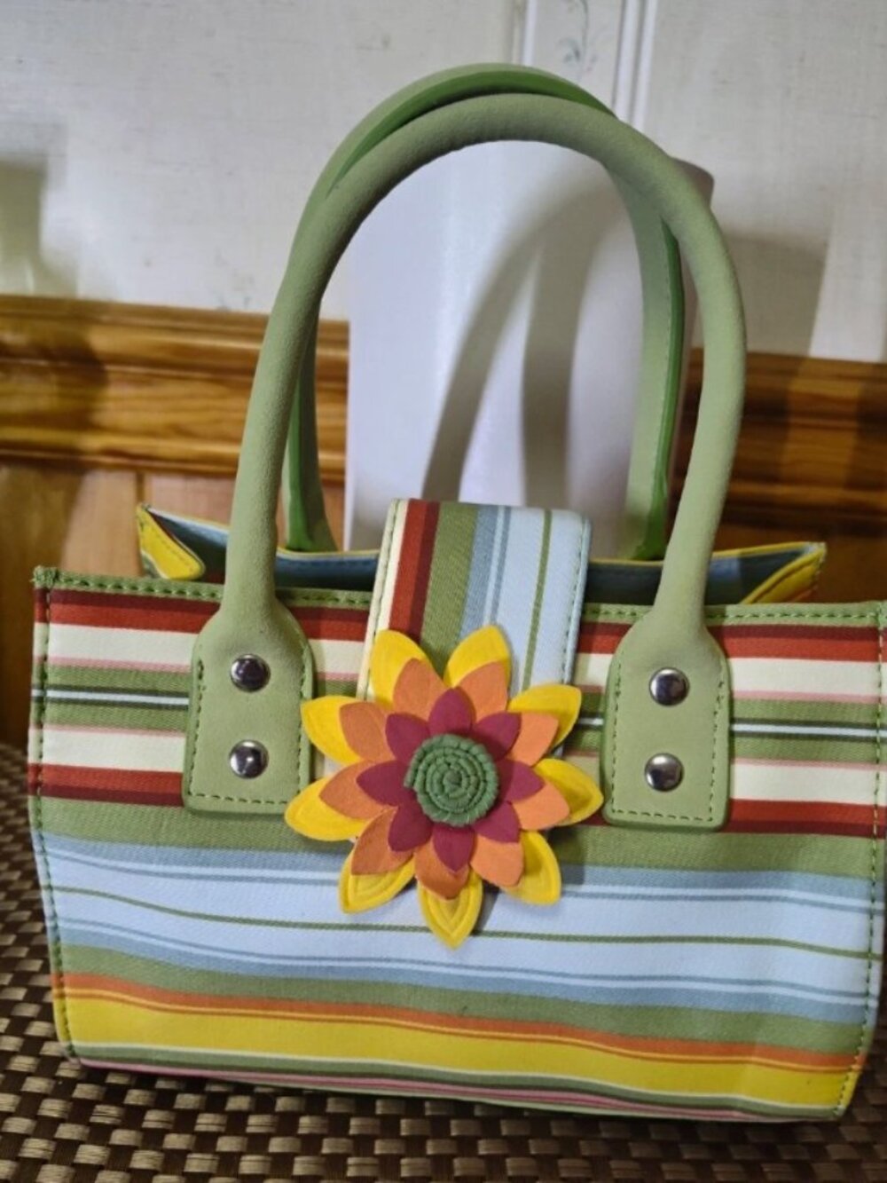 Sisters by Longaberger Striped Multicolor Tote Green Flower Charm Small 8x6x4"